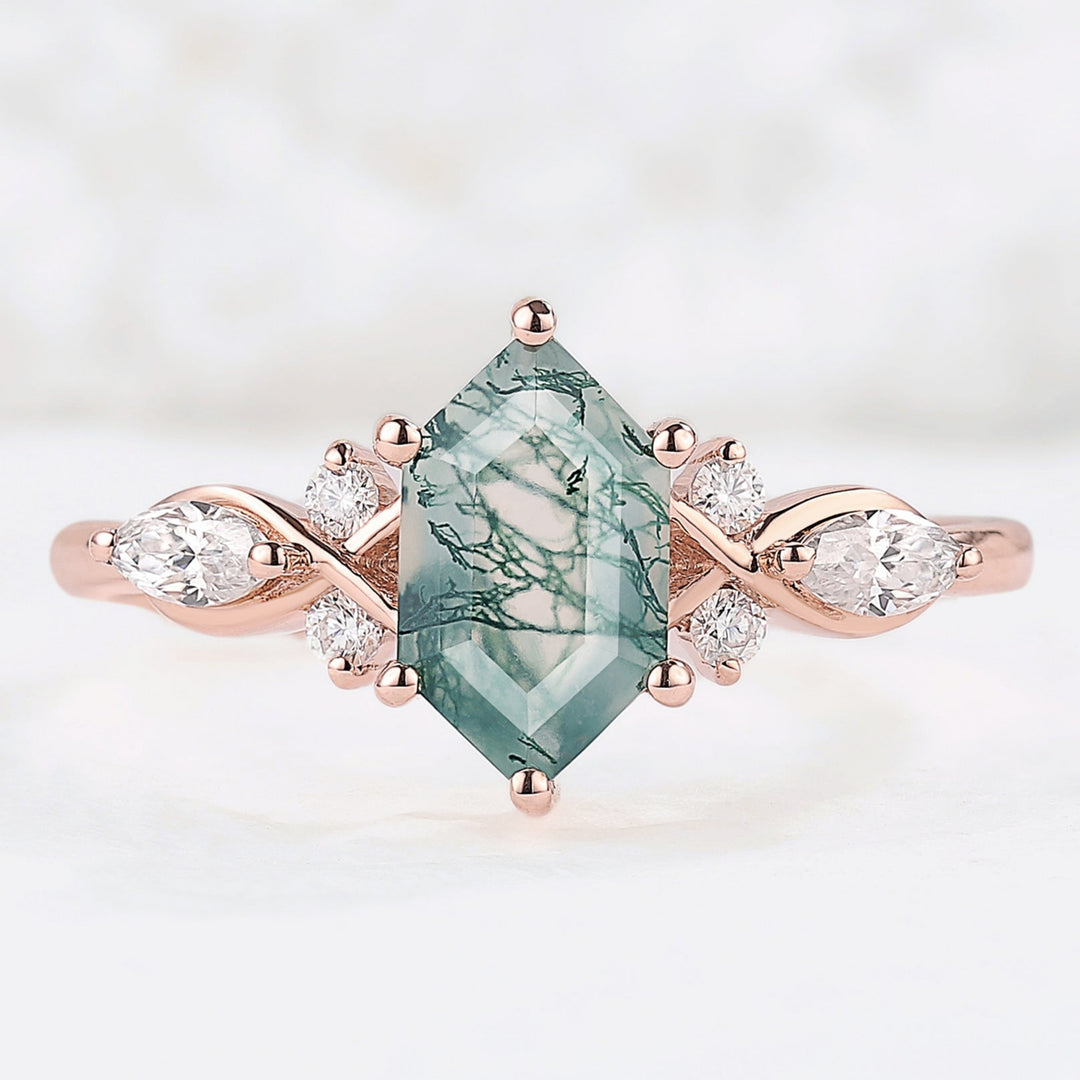Nature Hexagon Cut Moss Agate Five Stone Engagement Ring