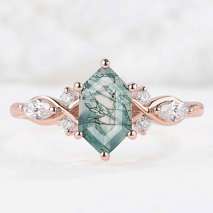 Nature Hexagon Cut Moss Agate Five Stone Gemstone Ring