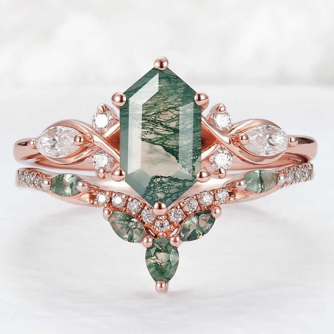 Nature Hexagon Cut Moss Agate Five Stone Engagement Ring Set 2pcs