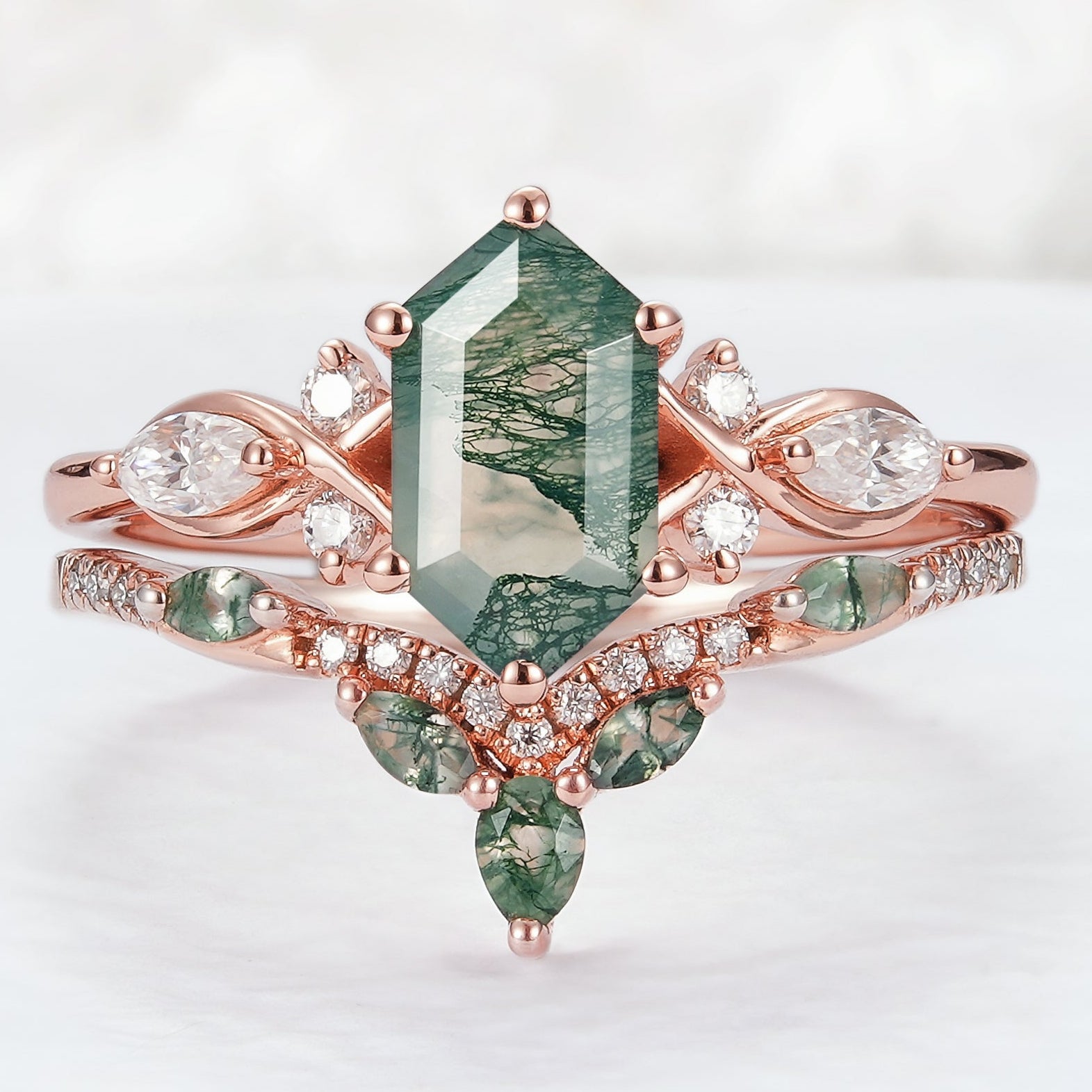 Nature Hexagon Cut Moss Agate Five Stone Engagement Ring Set 2pcs