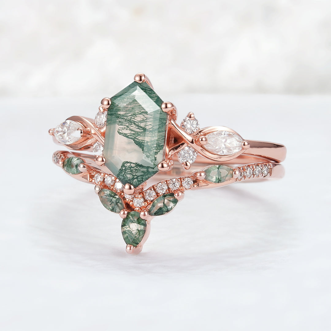 Nature Hexagon Cut Moss Agate Five Stone Ring Set 2pcs