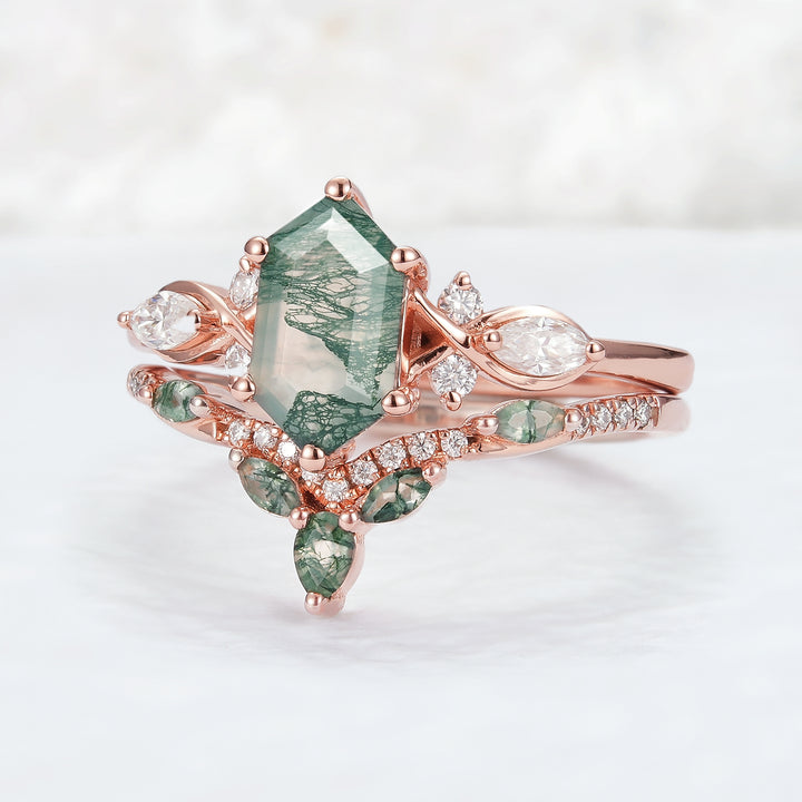 Nature Hexagon Cut Moss Agate Five Stone Ring Set 2pcs