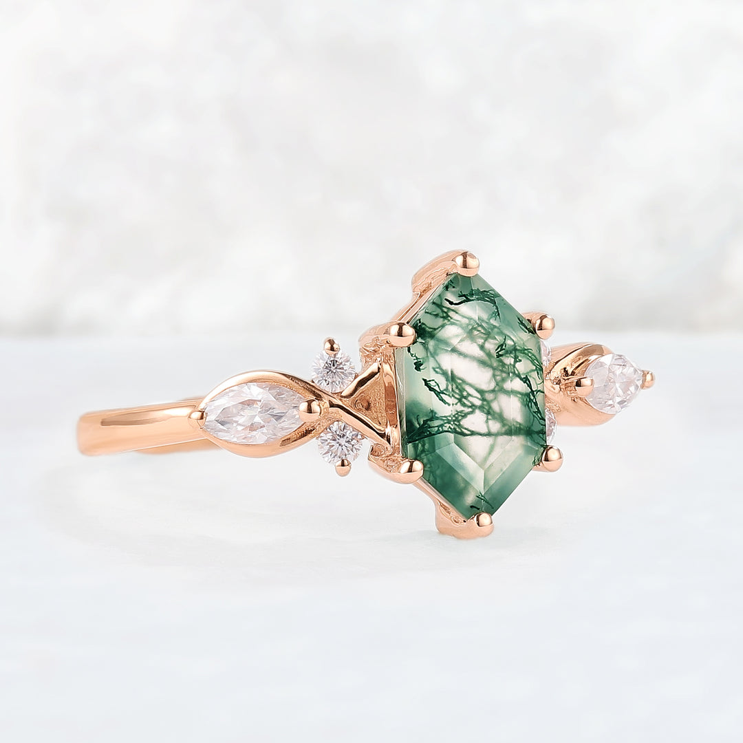 Nature Hexagon Cut Moss Agate Five Stone Gemstone Ring