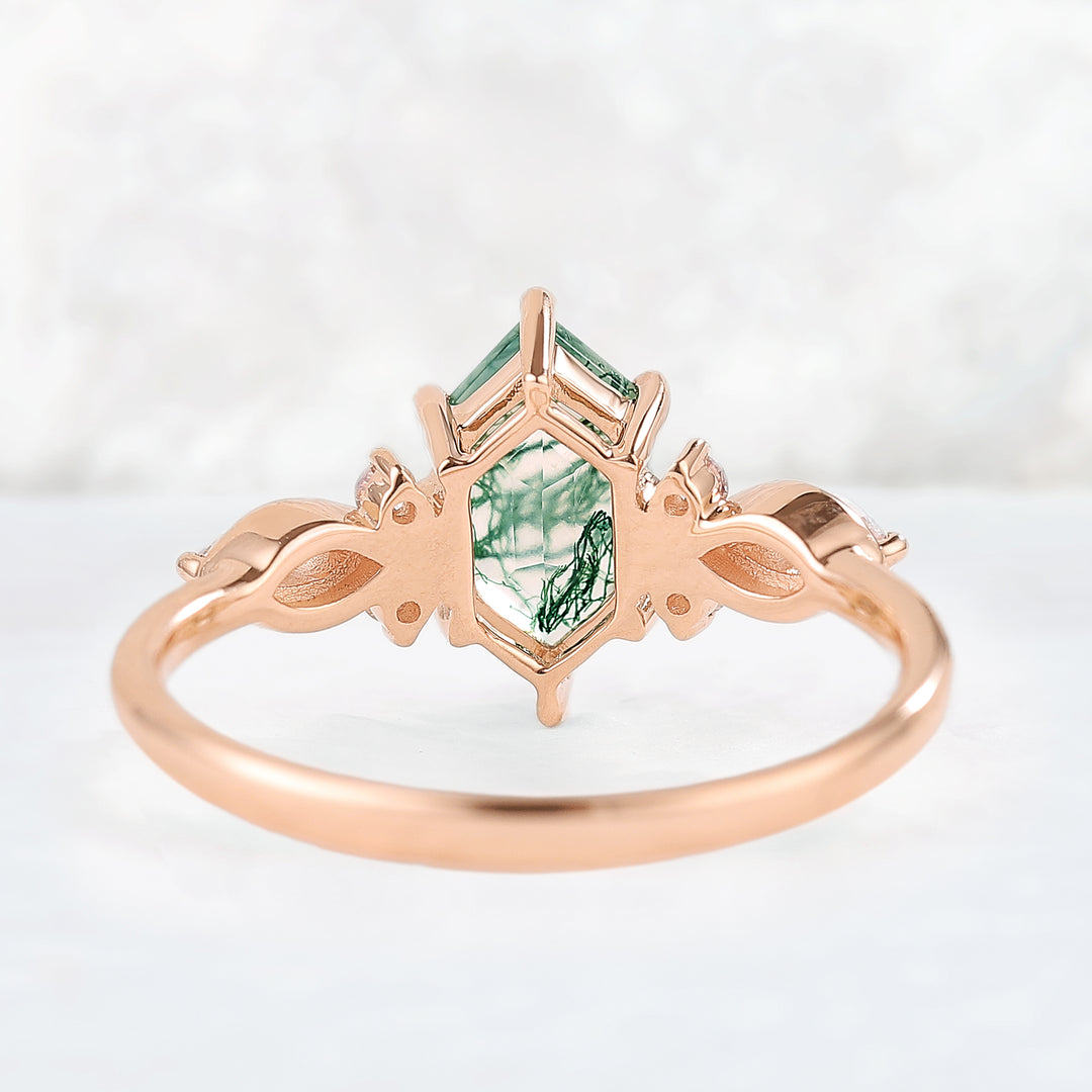 Nature Hexagon Cut Moss Agate Five Stone Gemstone Ring