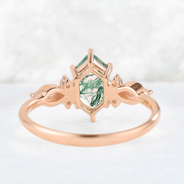 Nature Hexagon Cut Moss Agate Five Stone Gemstone Ring