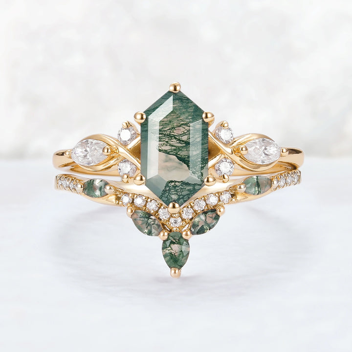 Nature Hexagon Cut Moss Agate Five Stone Ring Set 2pcs