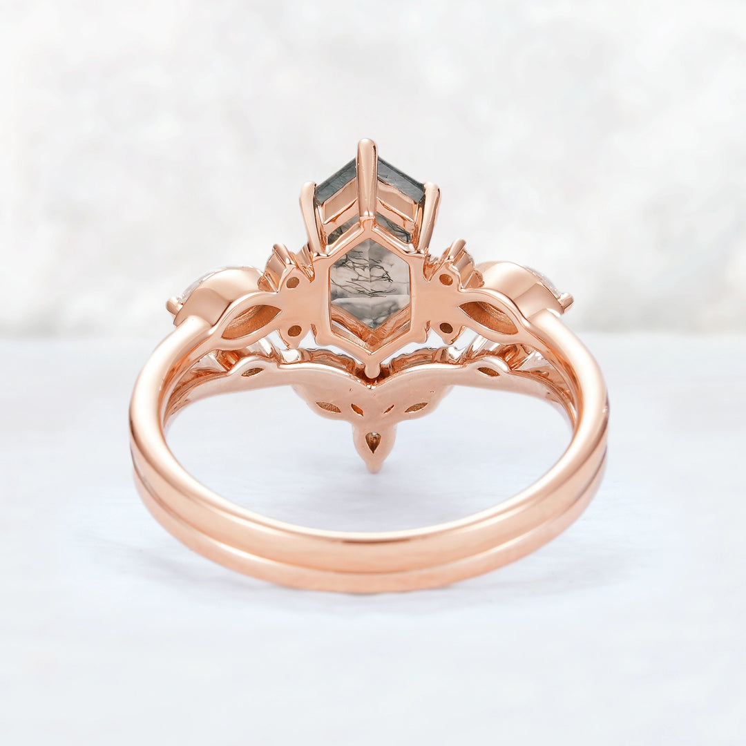 Nature Hexagon Cut Moss Agate Five Stone Ring Set 2pcs