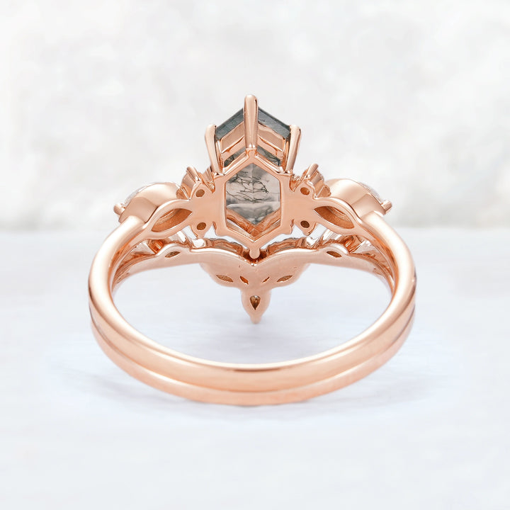 Nature Hexagon Cut Moss Agate Five Stone Ring Set 2pcs