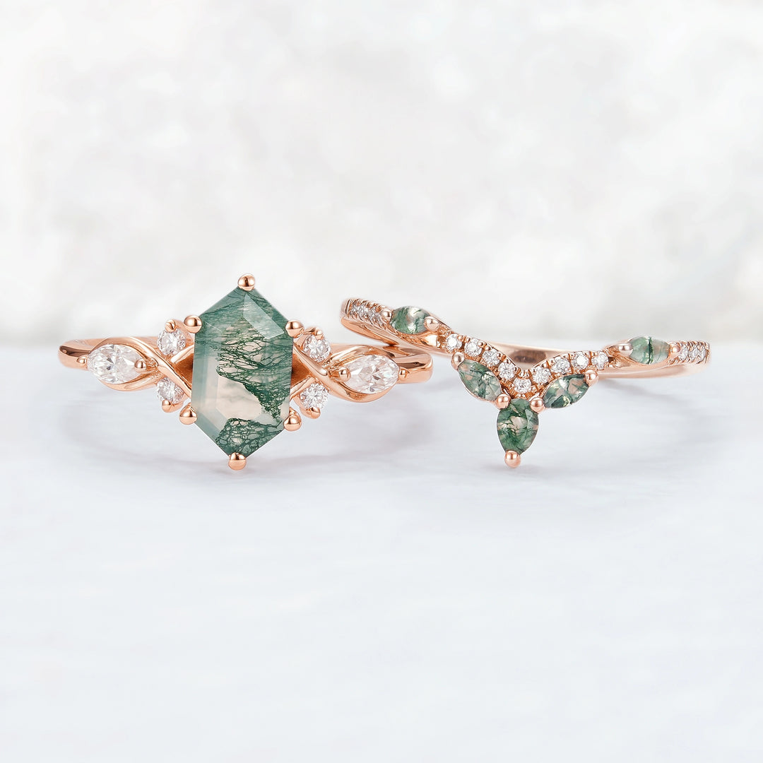 Nature Hexagon Cut Moss Agate Five Stone Ring Set 2pcs