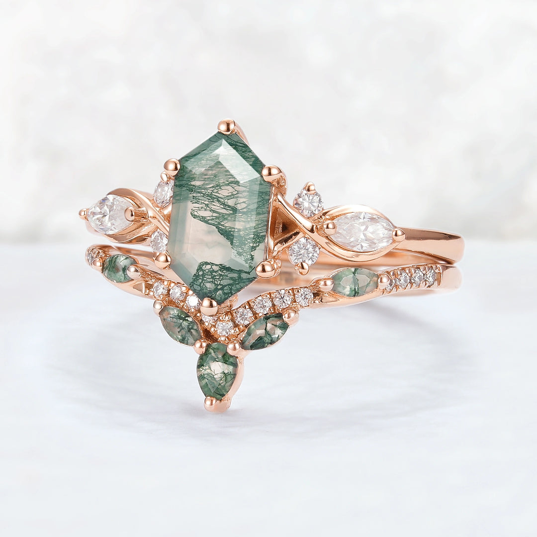 Nature Hexagon Cut Moss Agate Five Stone Ring Set 2pcs