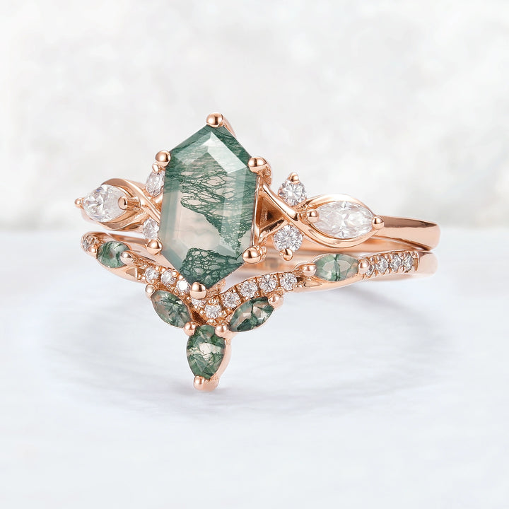 Nature Hexagon Cut Moss Agate Five Stone Ring Set 2pcs