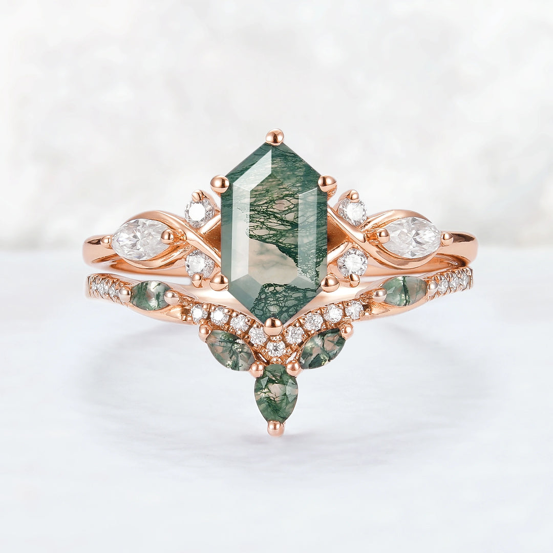 Nature Hexagon Cut Moss Agate Five Stone Ring Set 2pcs