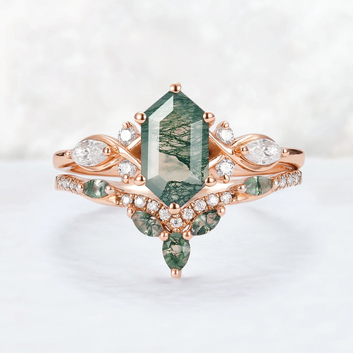 Nature Hexagon Cut Moss Agate Five Stone Ring Set 2pcs