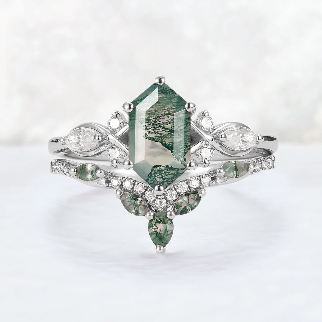 Nature Hexagon Cut Moss Agate Five Stone Ring Set 2pcs