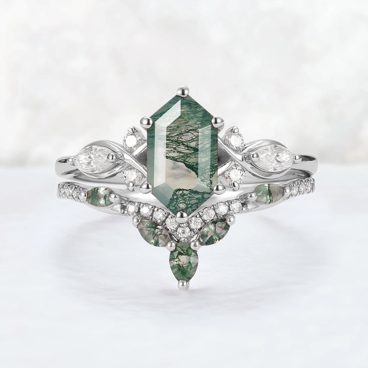 Nature Hexagon Cut Moss Agate Five Stone Ring Set 2pcs