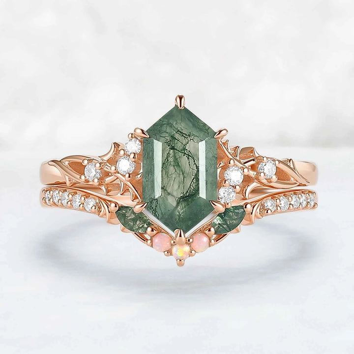 Nature Hexagon Cut Moss Agate Twig Engagement Ring Set 2pcs