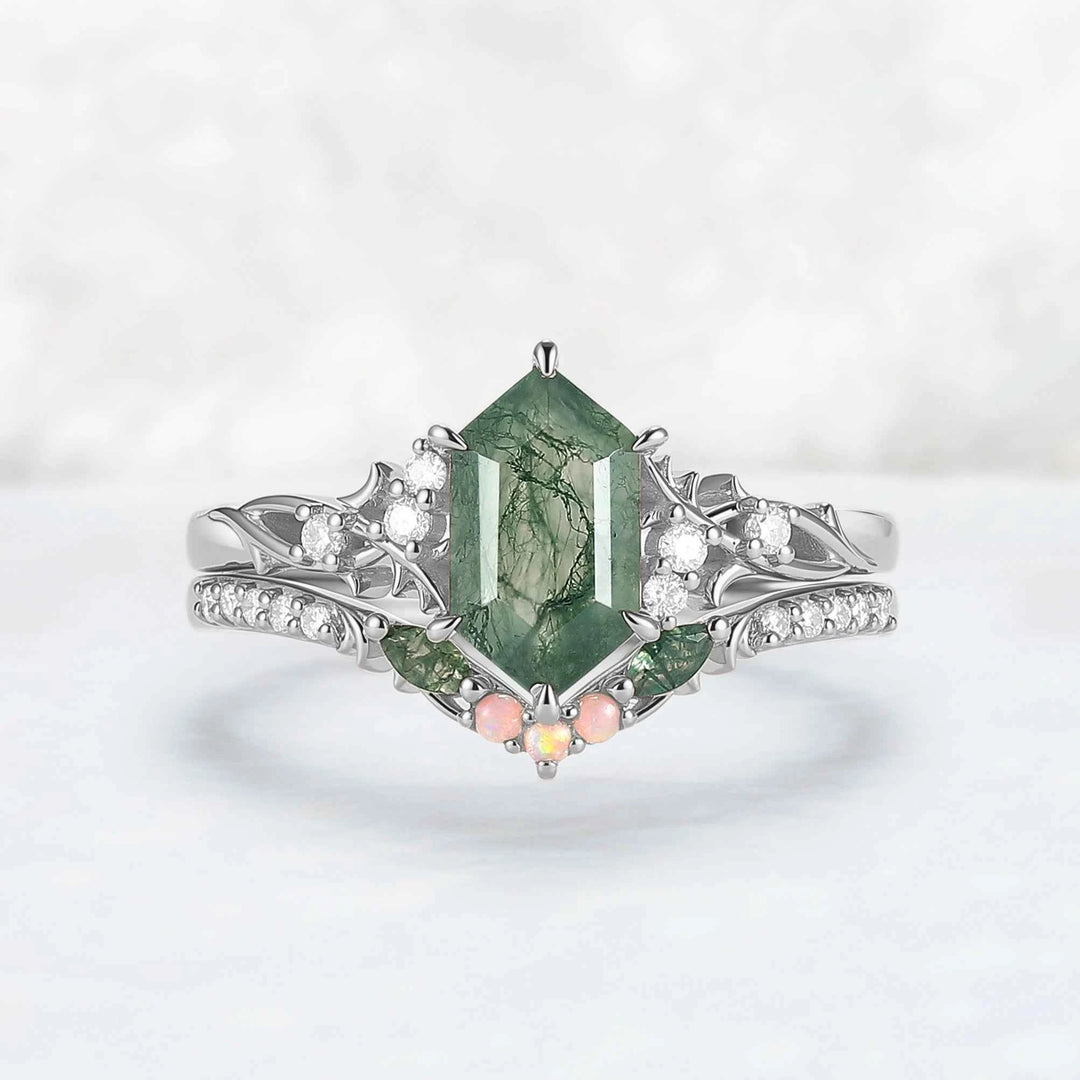 Nature Hexagon Cut Moss Agate Twig Engagement Ring Set 2pcs