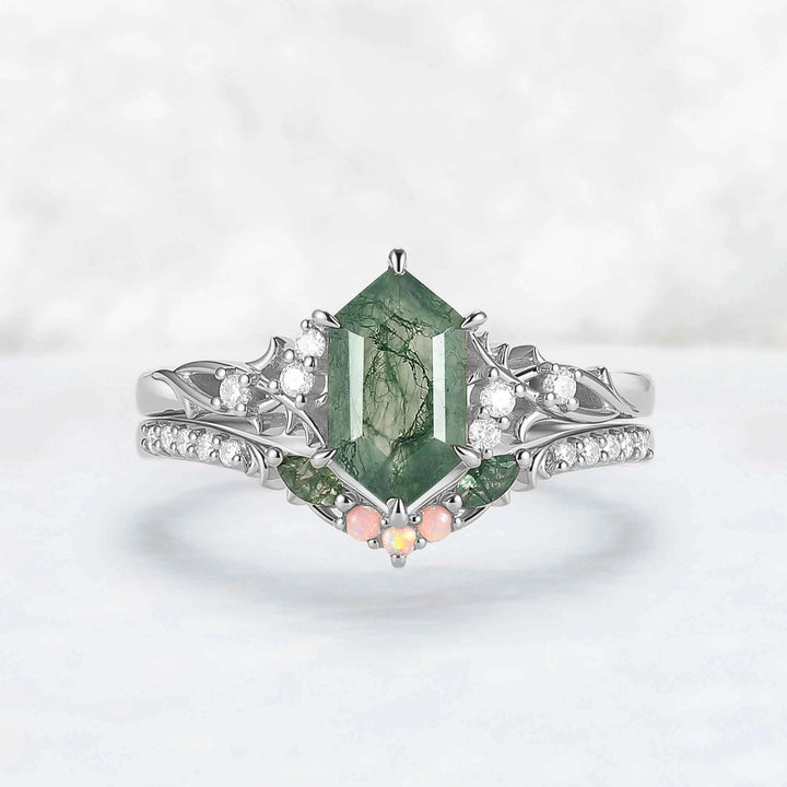 Nature Hexagon Cut Moss Agate Twig Engagement Ring Set 2pcs