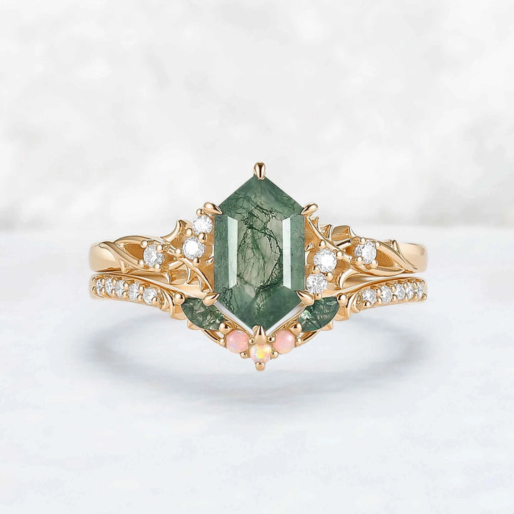 Nature Hexagon Cut Moss Agate Twig Engagement Ring Set 2pcs