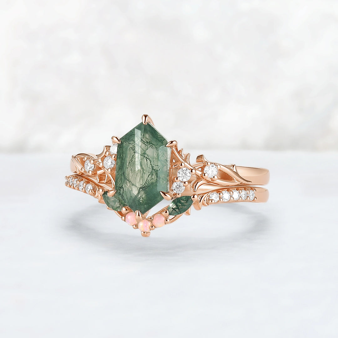 Nature Hexagon Cut Moss Agate Twig Engagement Ring Set 2pcs