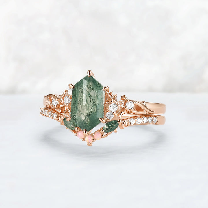 Nature Hexagon Cut Moss Agate Twig Engagement Ring Set 2pcs