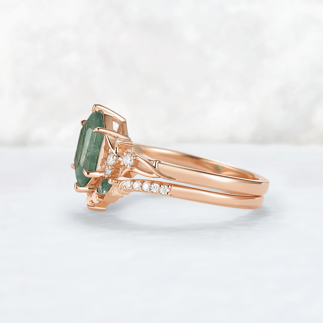 Nature Hexagon Cut Moss Agate Twig Engagement Ring Set 2pcs