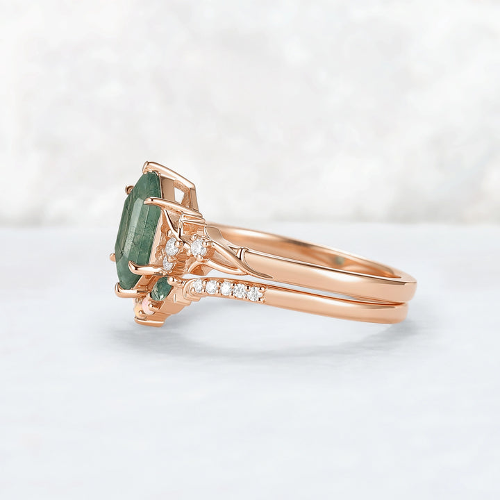Nature Hexagon Cut Moss Agate Twig Engagement Ring Set 2pcs