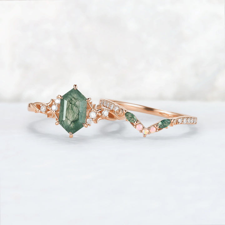 Nature Hexagon Cut Moss Agate Twig Engagement Ring Set 2pcs