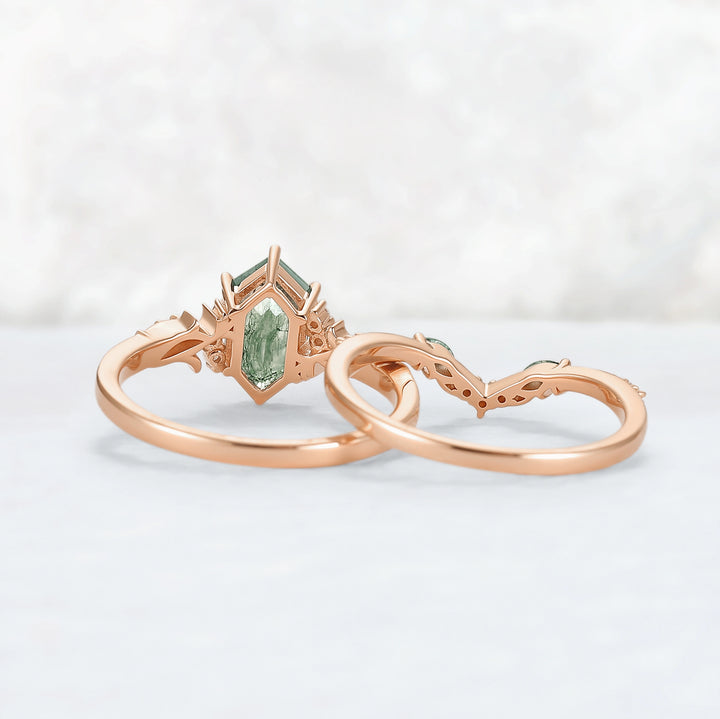 Nature Hexagon Cut Moss Agate Twig Engagement Ring Set 2pcs