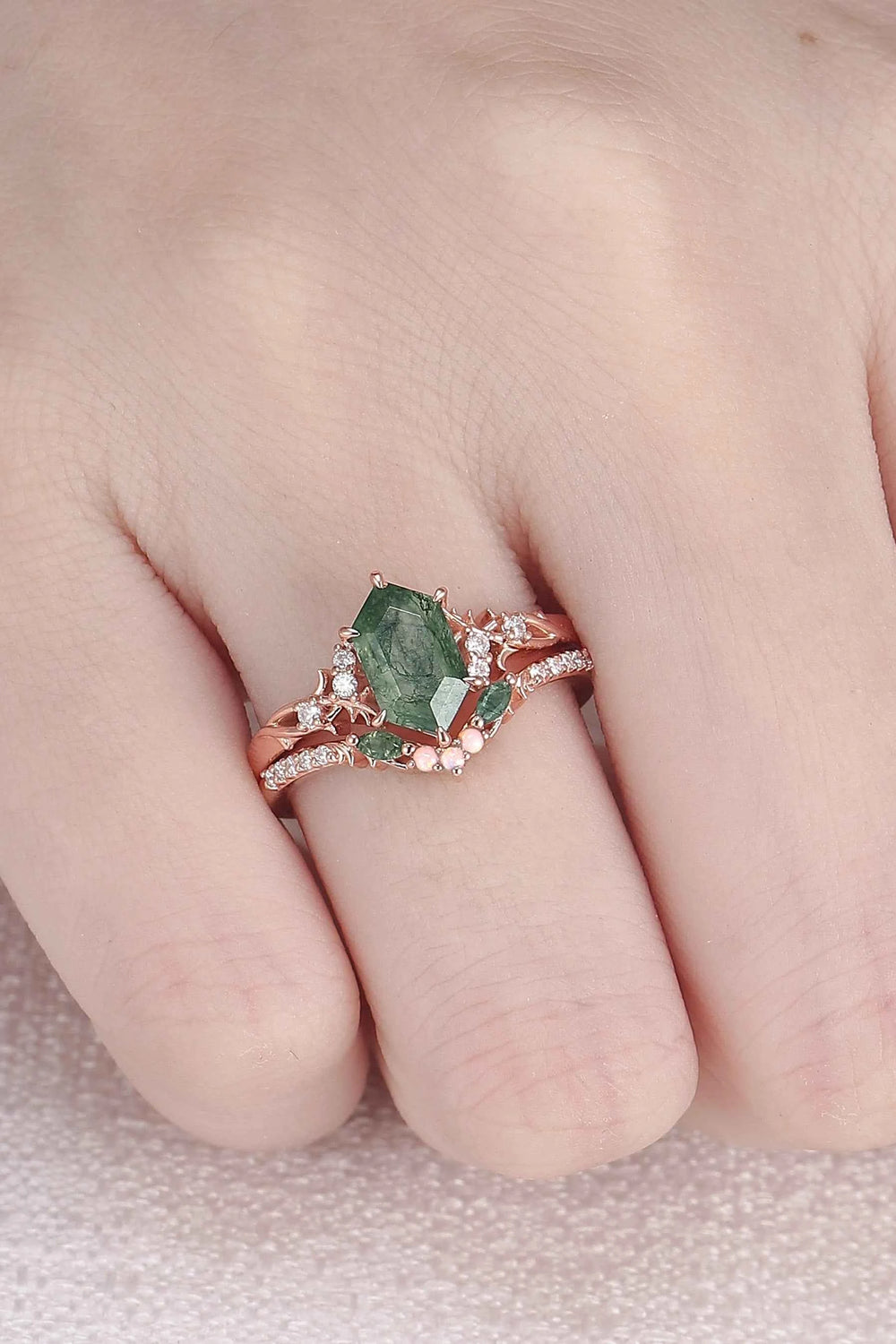 Nature Hexagon Cut Moss Agate Twig Engagement Ring Set 2pcs
