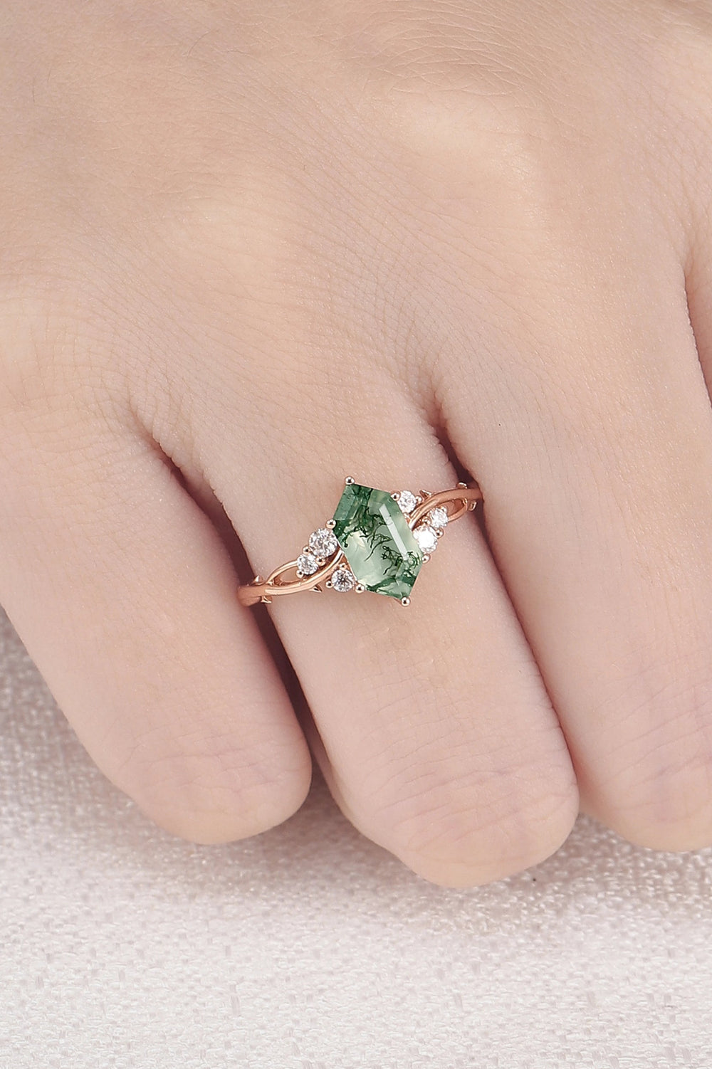 Nature Hexagon Cut Moss Agate Twig Gemstone Ring