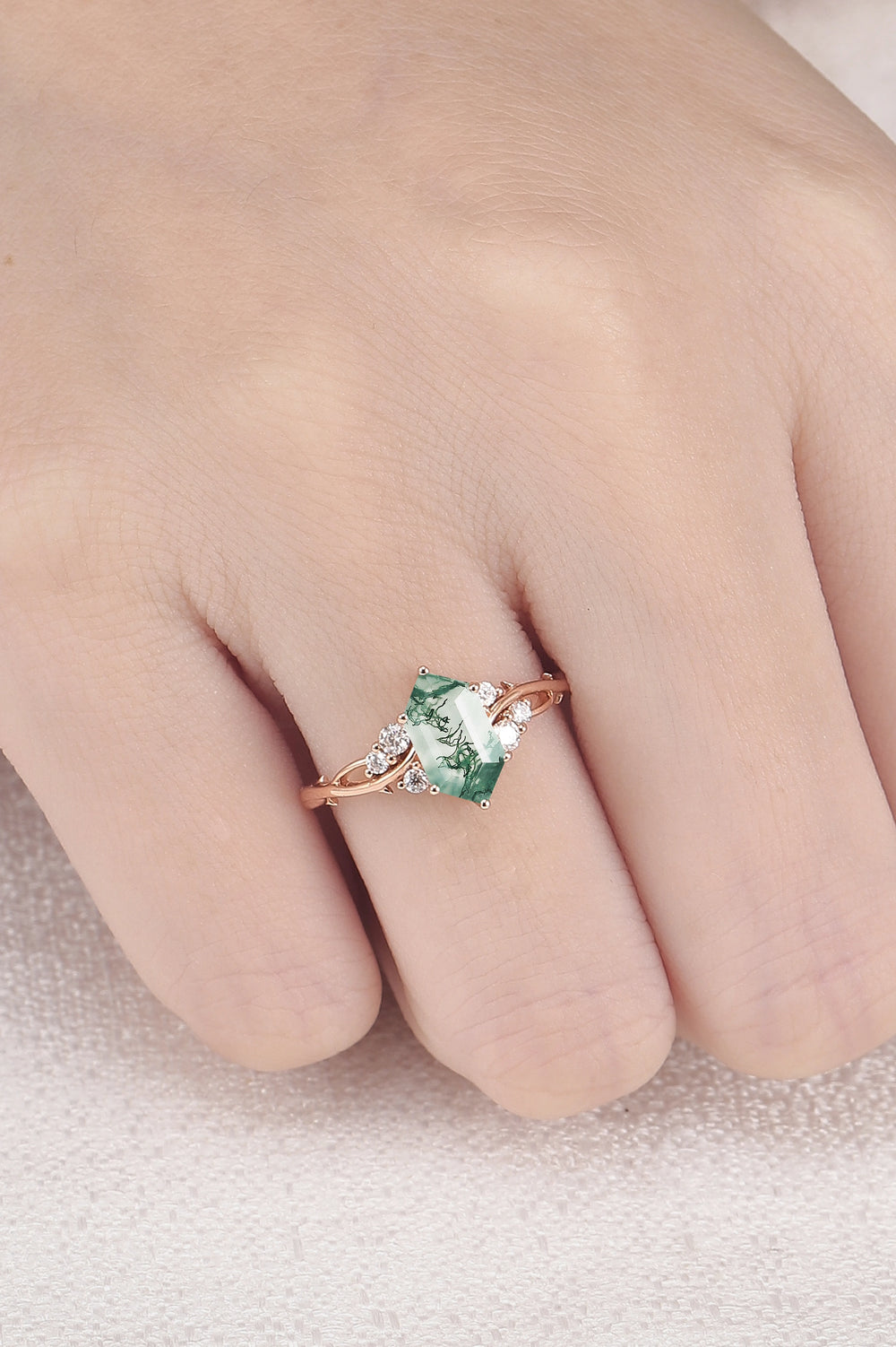 Nature Hexagon Cut Moss Agate Twig Gemstone Ring
