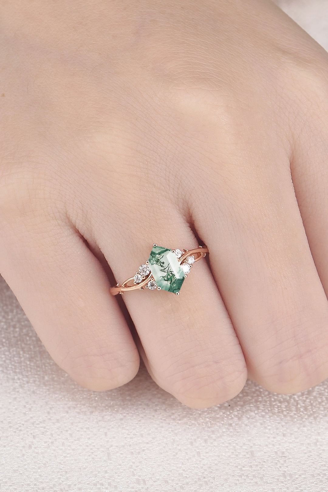Nature Hexagon Cut Moss Agate Twig Gemstone Ring