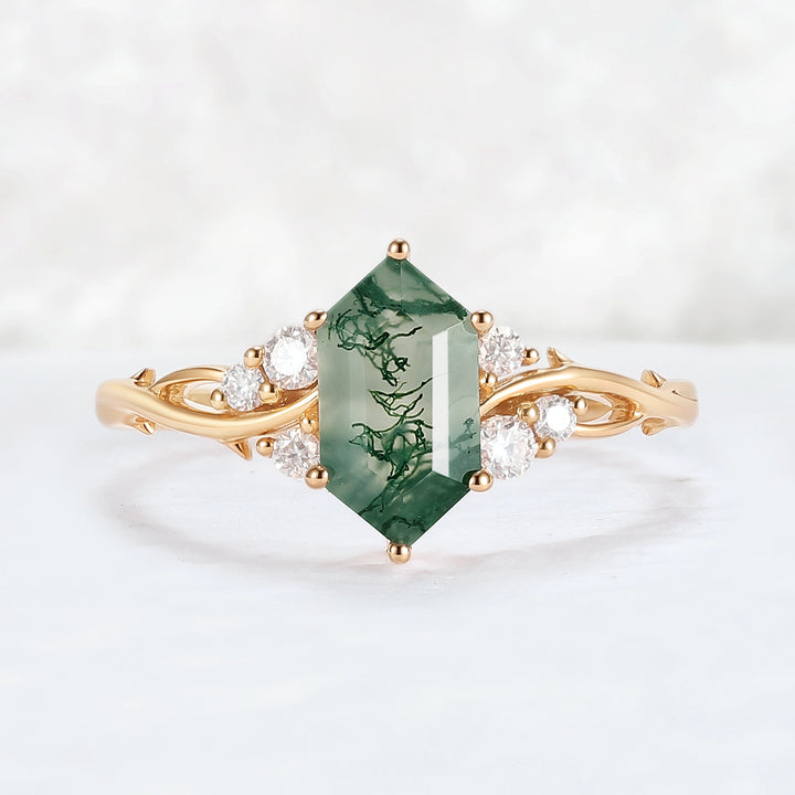 Nature Hexagon Cut Moss Agate Twig Gemstone Ring