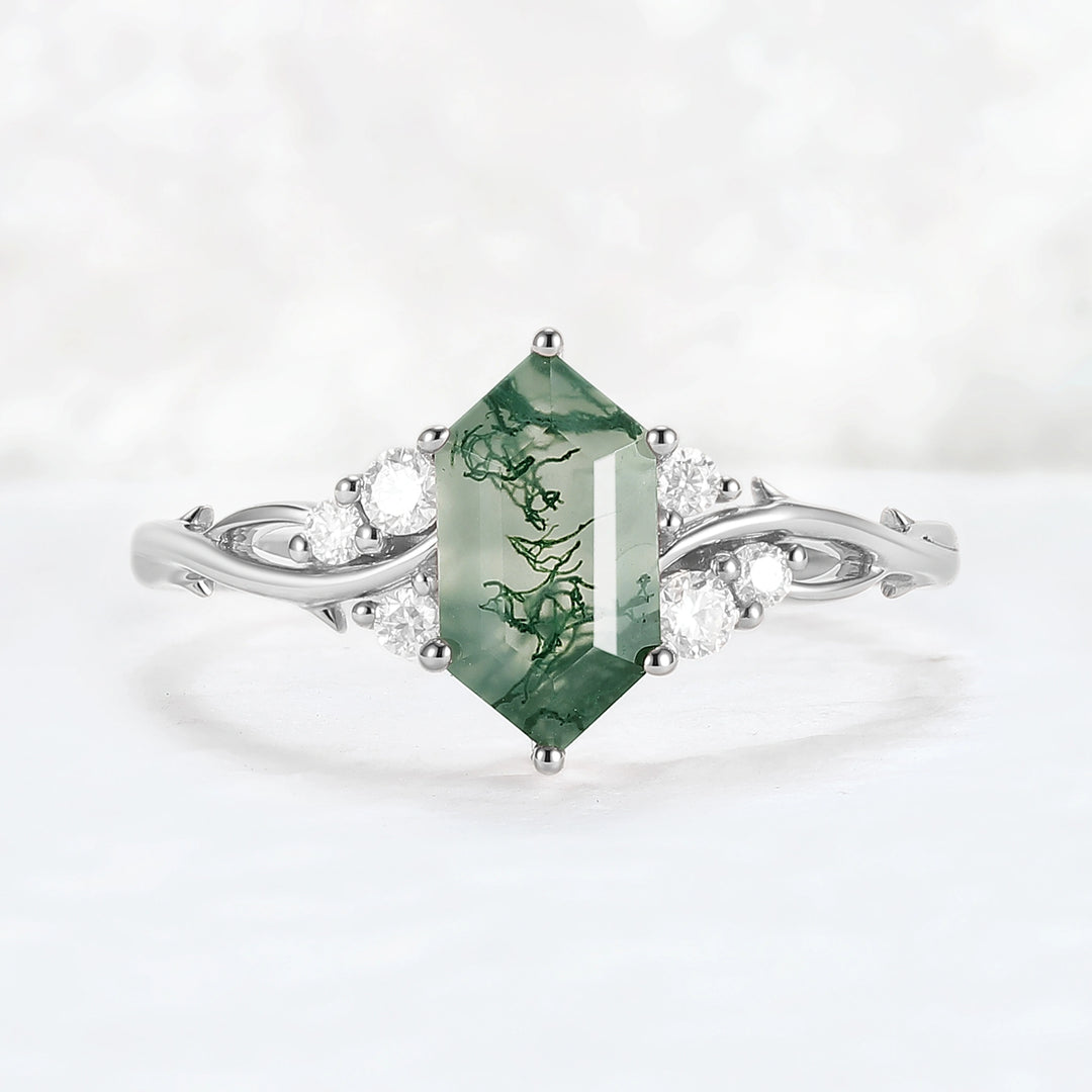 Nature Hexagon Cut Moss Agate Twig Gemstone Ring