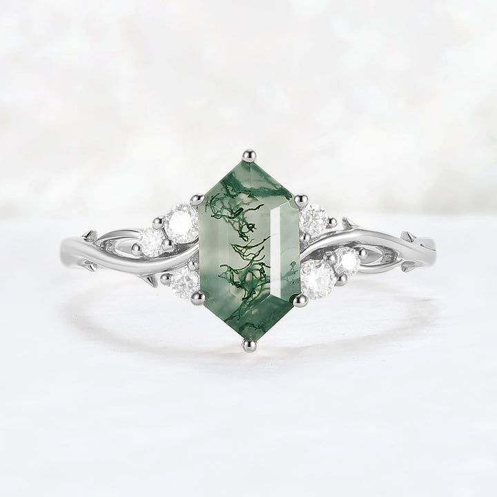 Nature Hexagon Cut Moss Agate Twig Gemstone Ring