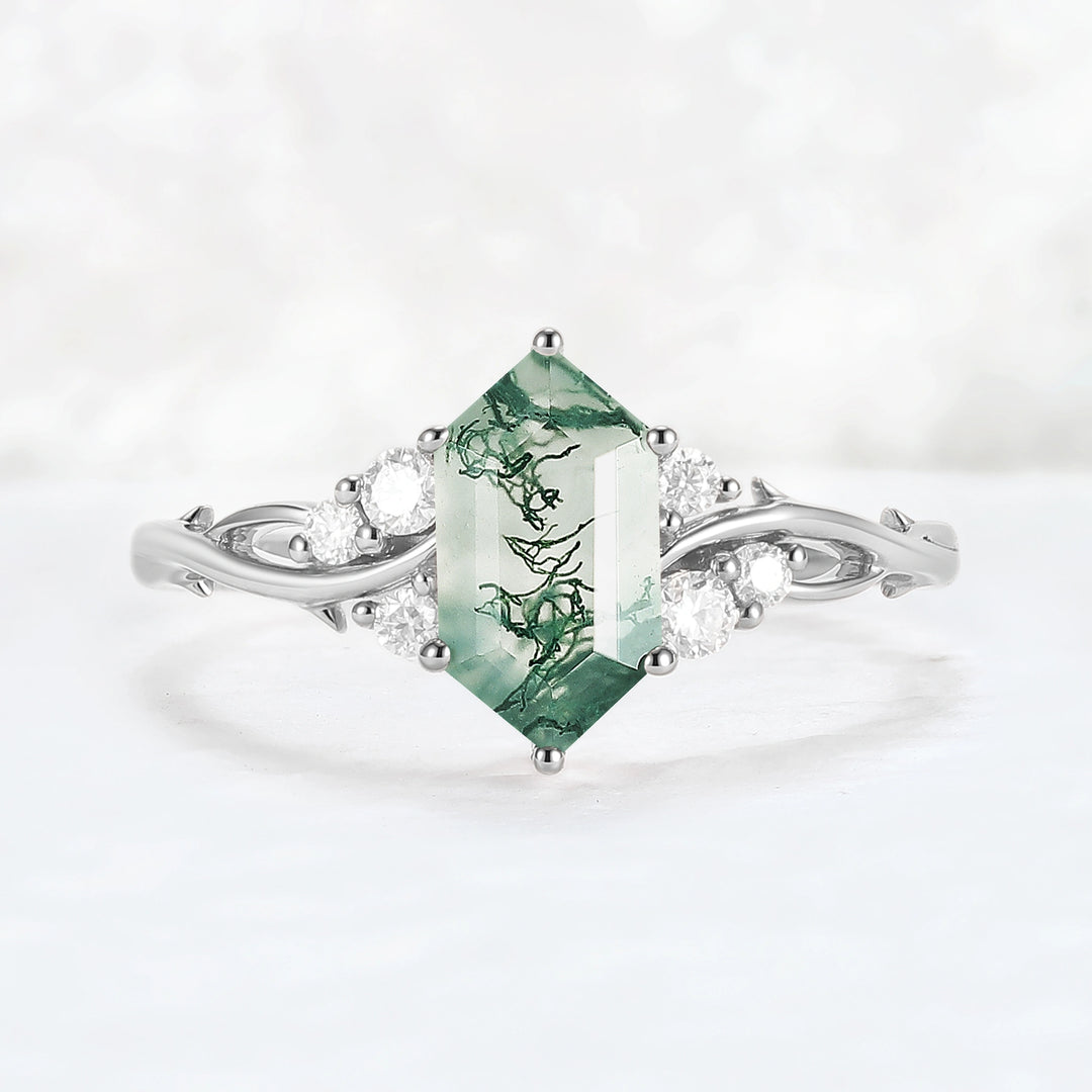 Nature Hexagon Cut Moss Agate Twig Gemstone Ring