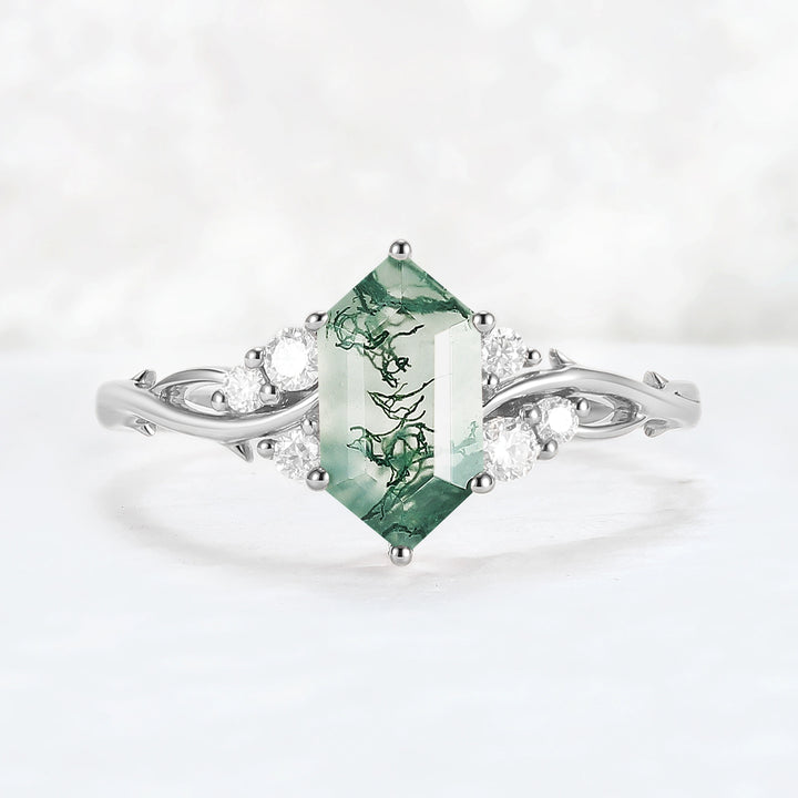 Nature Hexagon Cut Moss Agate Twig Gemstone Ring