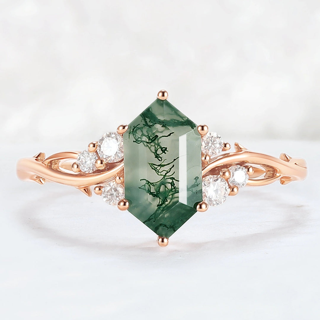 Nature Hexagon Cut Moss Agate Twig Gemstone Ring