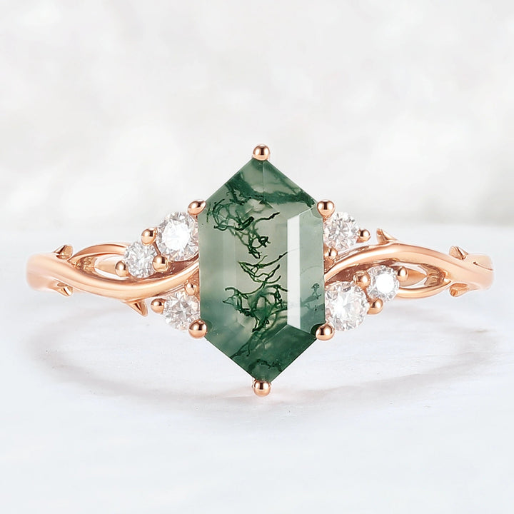 Nature Hexagon Cut Moss Agate Twig Gemstone Ring