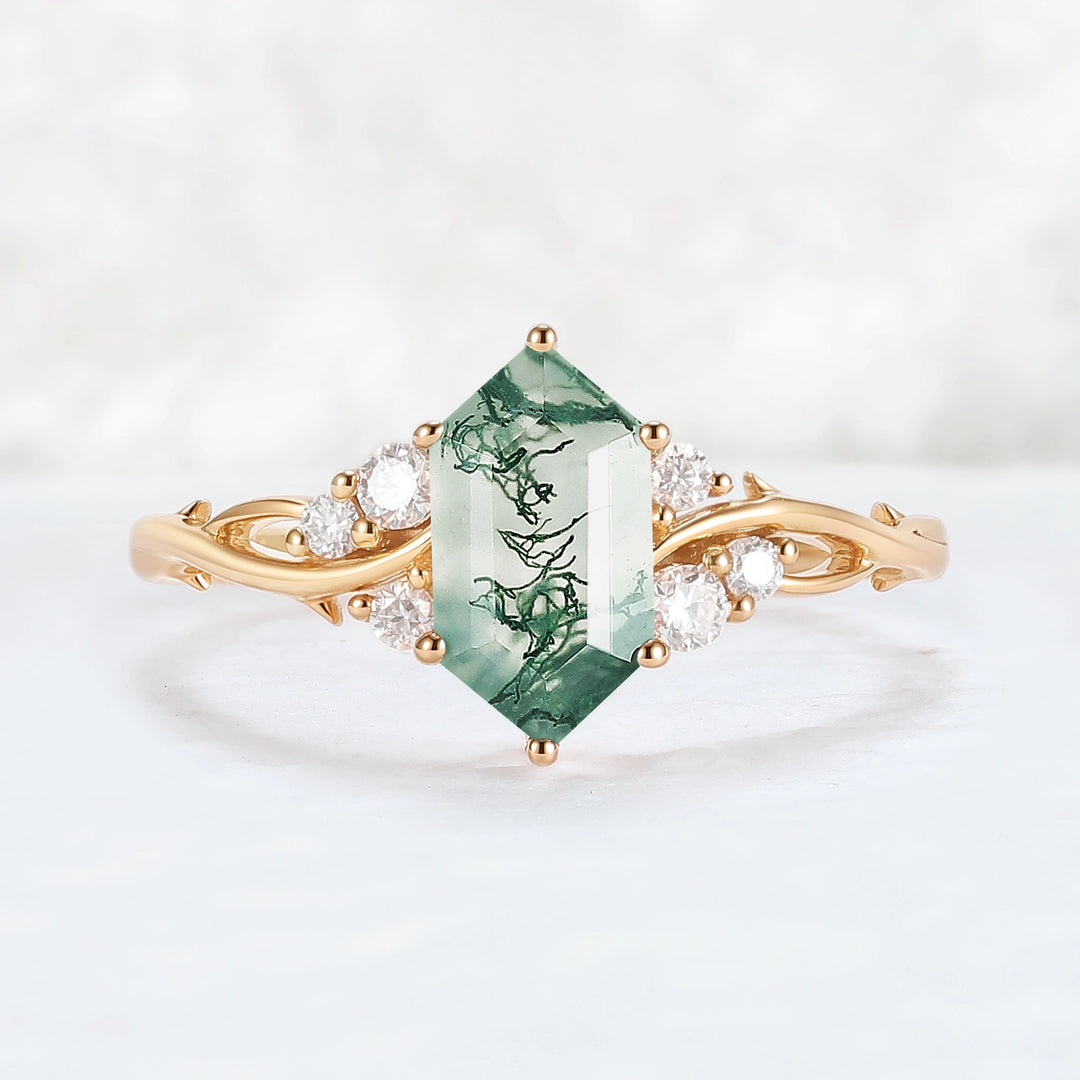 Nature Hexagon Cut Moss Agate Twig Gemstone Ring