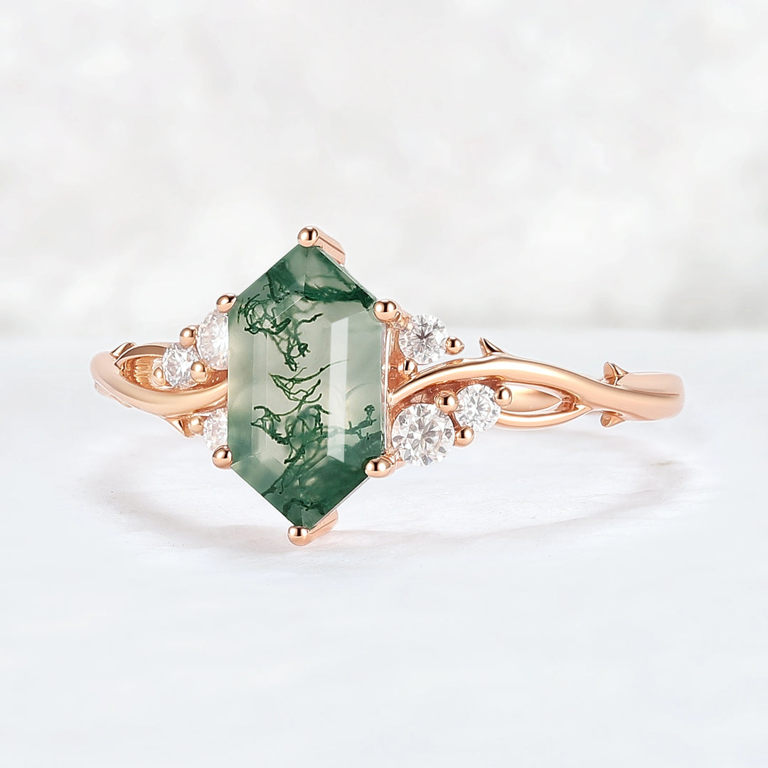 Nature Hexagon Cut Moss Agate Twig Gemstone Ring