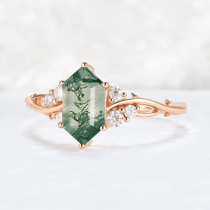 Nature Hexagon Cut Moss Agate Twig Gemstone Ring