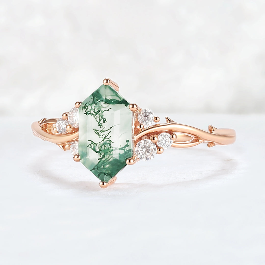 Nature Hexagon Cut Moss Agate Twig Gemstone Ring