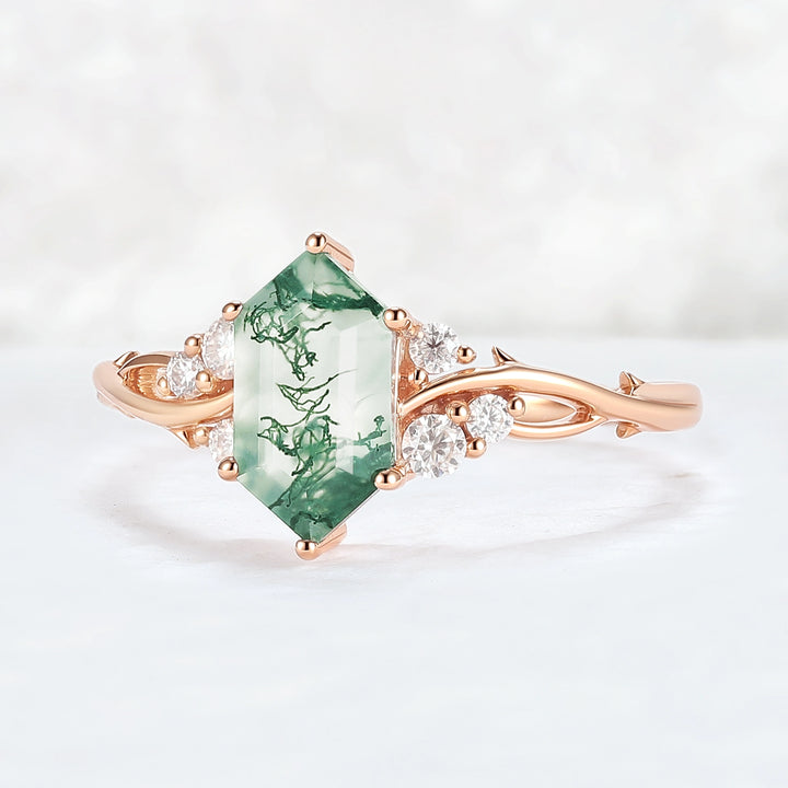 Nature Hexagon Cut Moss Agate Twig Gemstone Ring