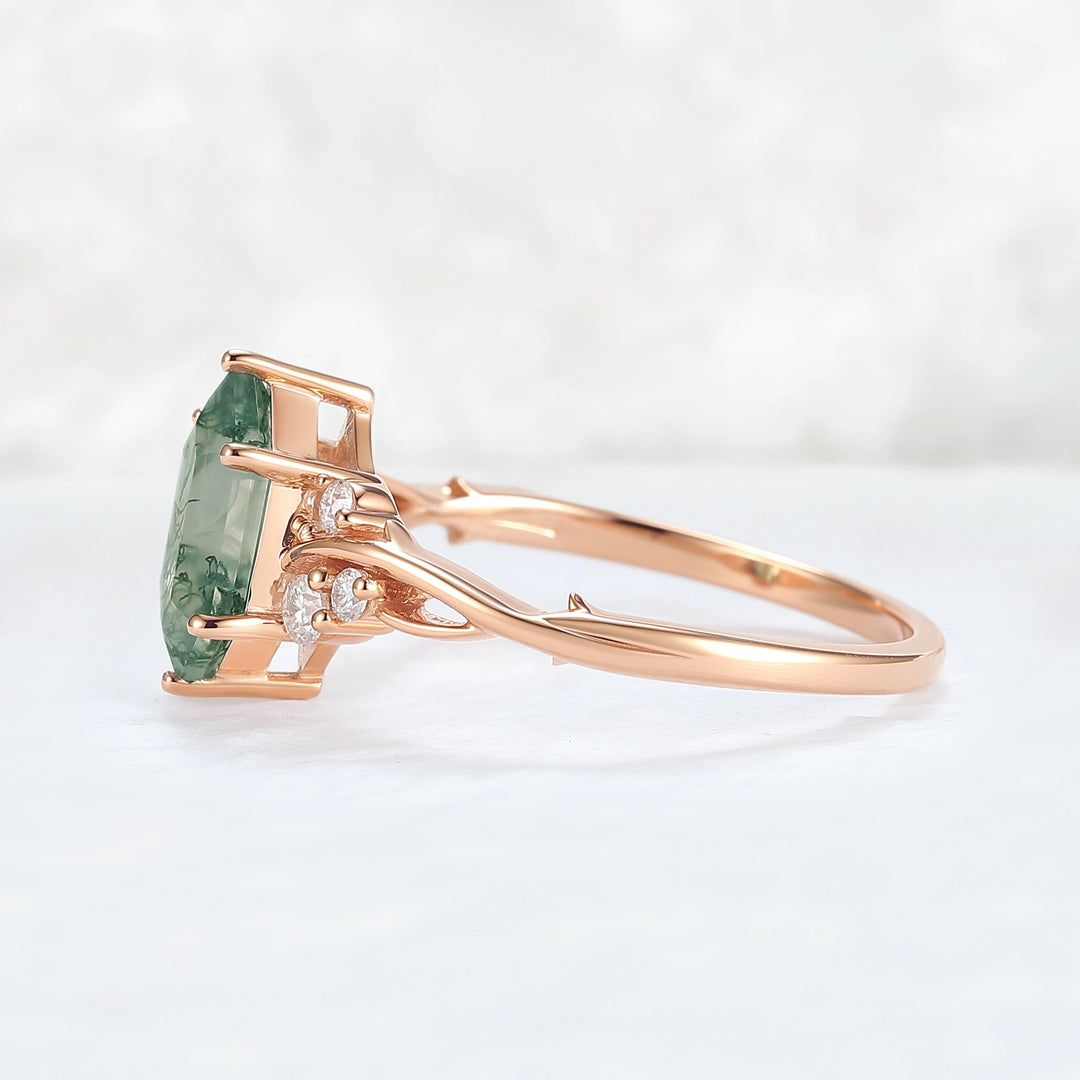Nature Hexagon Cut Moss Agate Twig Gemstone Ring