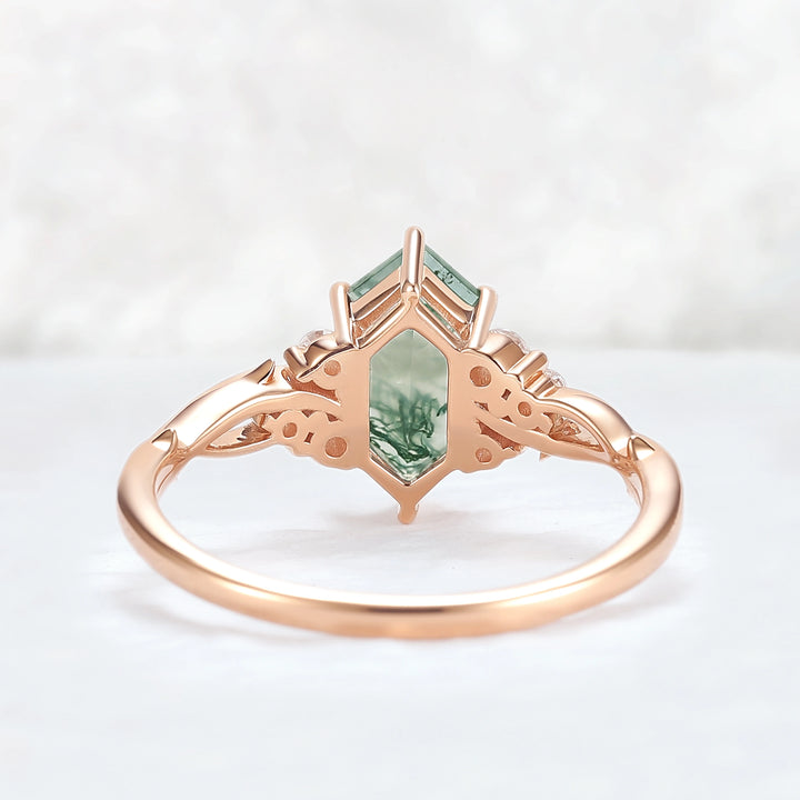 Nature Hexagon Cut Moss Agate Twig Gemstone Ring