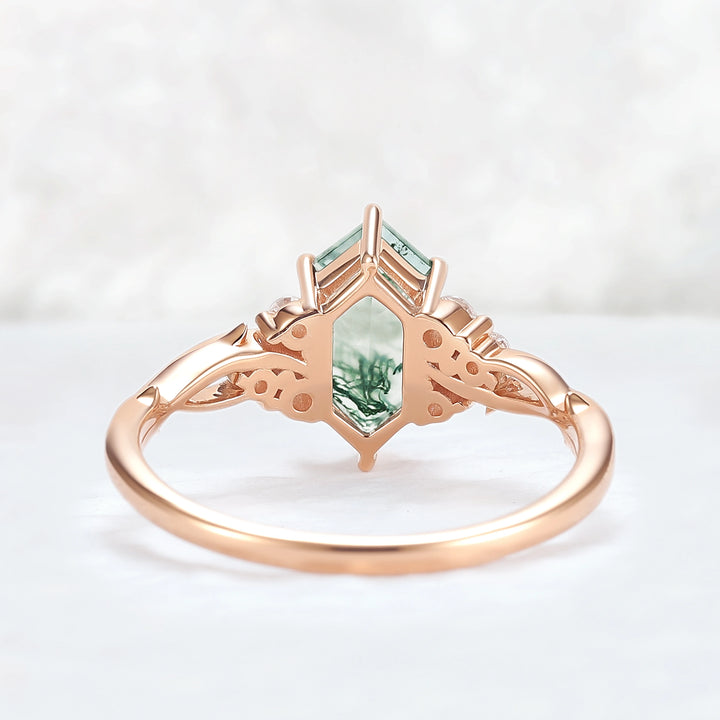 Nature Hexagon Cut Moss Agate Twig Gemstone Ring