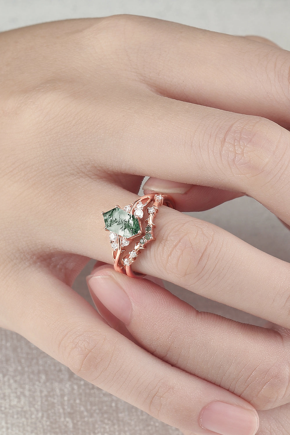 Nature Hexagon Cut Moss Agate Twig Ring Set 2pcs