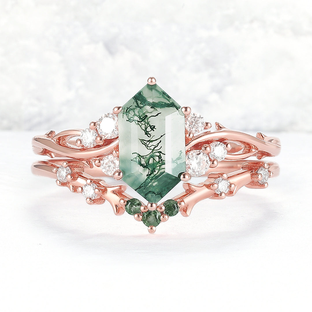 Nature Hexagon Cut Moss Agate Twig Ring Set 2pcs